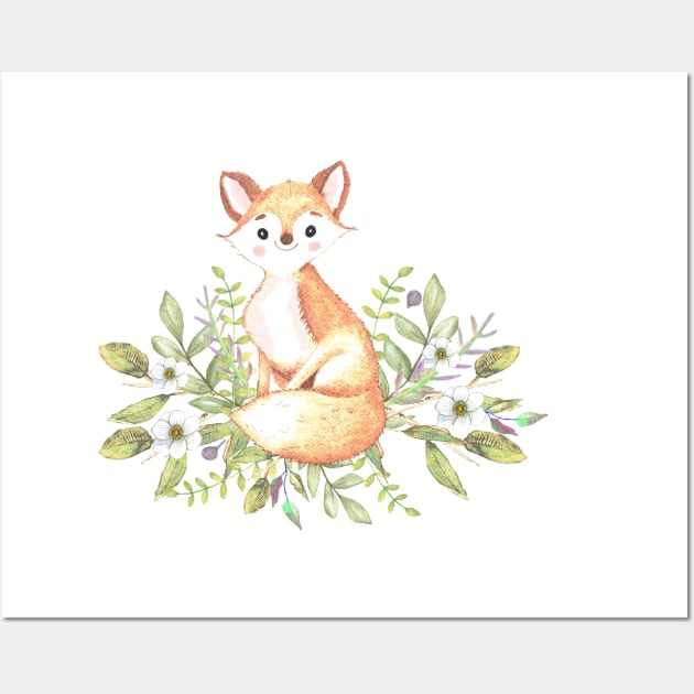 Little fox among flowers and leaves Wall Art by LatiendadeAryam